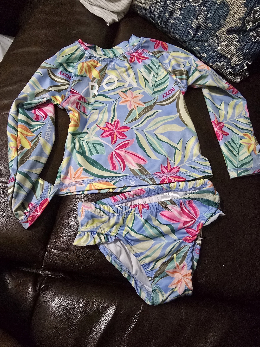 Roxy Girls' Blue Floral Pink & Green Long Sleeve Rash Guard Swim Set